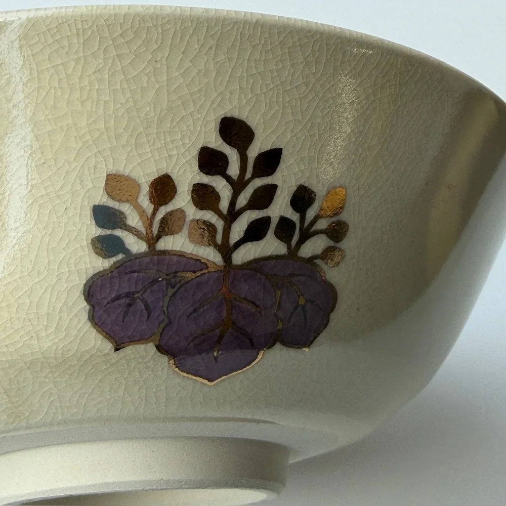 Japanese Ceramic Bowl Crackle Glaze Floral Gold Accent 6 Inch Artisan Pottery B-
